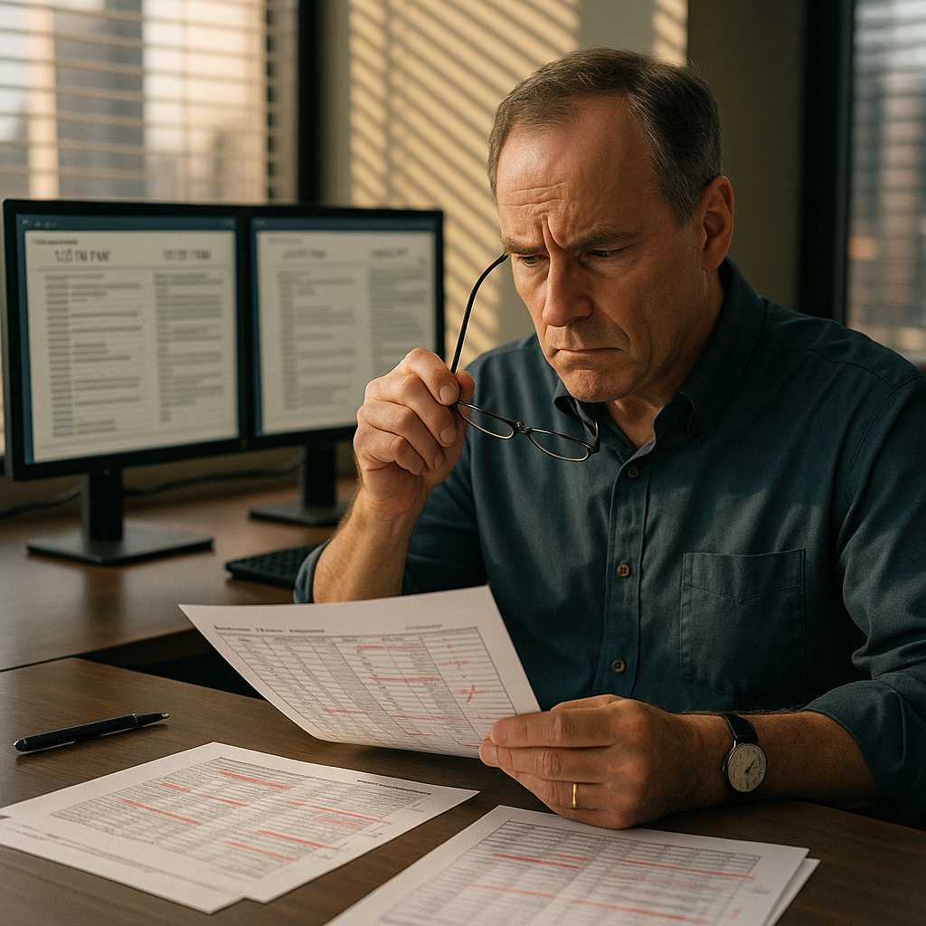 Regulator reviewing marked trade allocation documents with timestamp comparison on screen