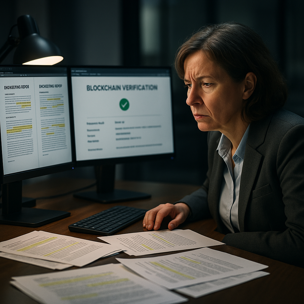 Compliance officer reviewing conflicting engineering reports with blockchain verification on screen