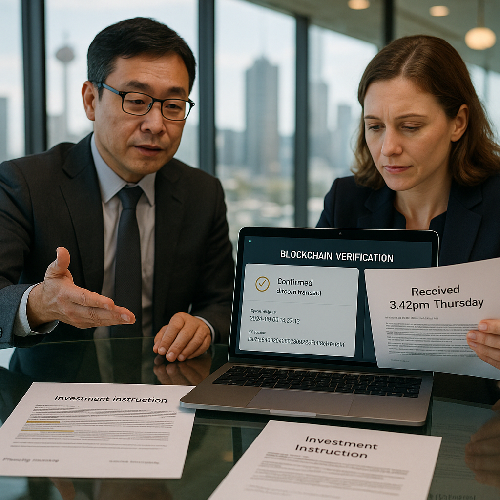 Compliance officer and financial analyst verifying disputed investment instruction with blockchain timestamp evidence