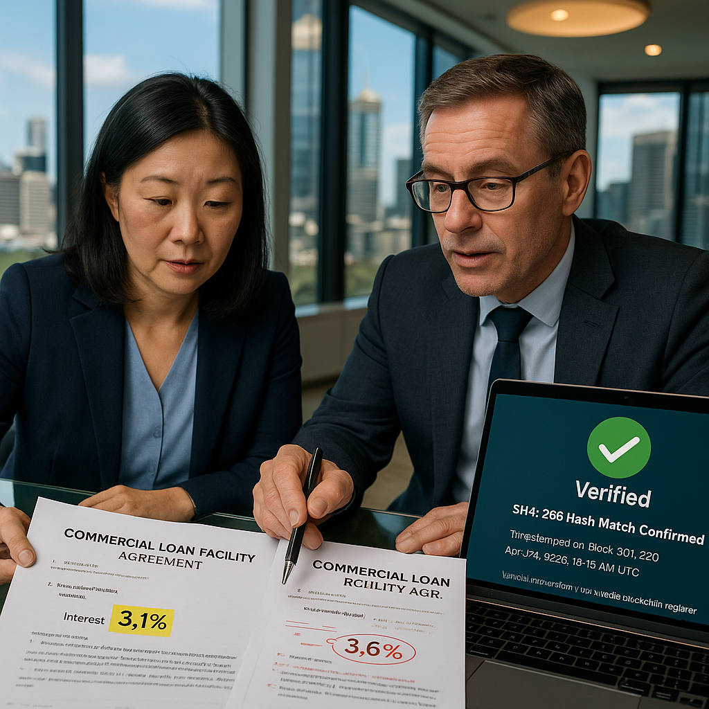 Compliance officer and financial analyst reviewing disputed loan agreement with verified blockchain timestamp evidence in glass boardroom.