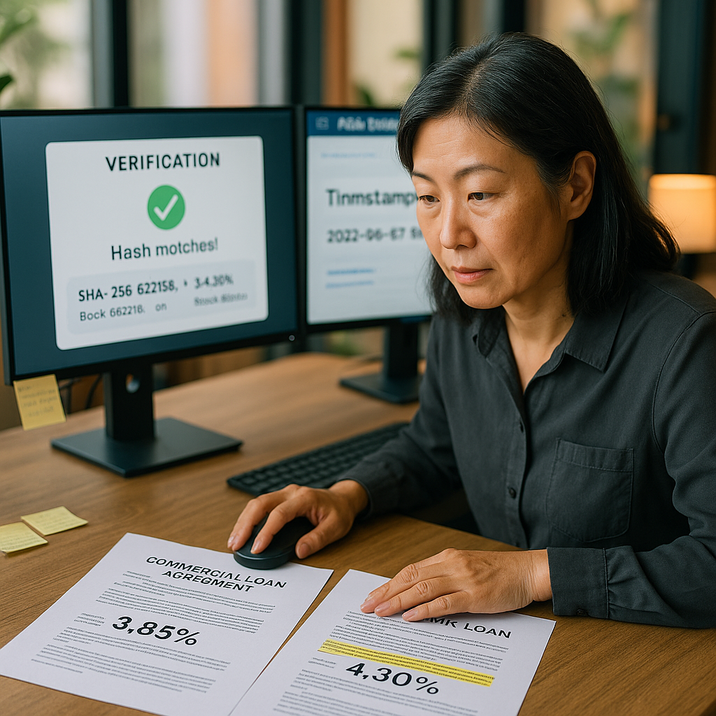 Compliance officer verifying disputed loan agreement with blockchain timestamp evidence