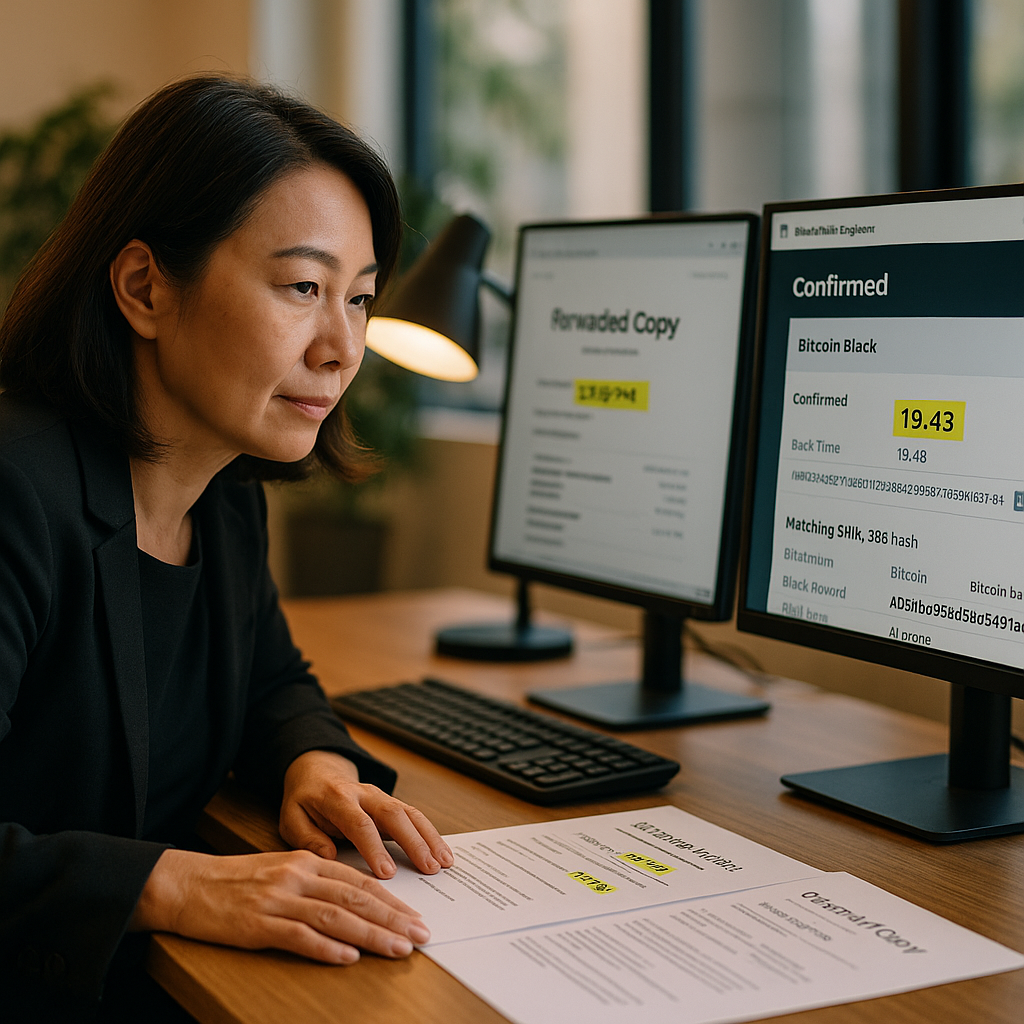 Compliance officer verifying disputed trade instruction using blockchain timestamp evidence on dual monitors