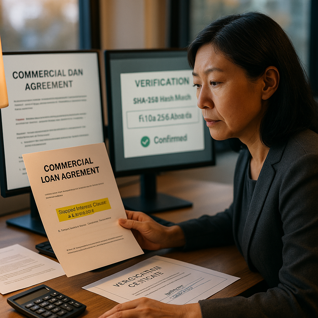 Compliance officer verifying original loan agreement version with blockchain timestamp on dual monitors