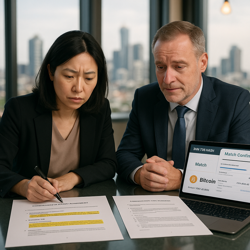 Compliance officer and executive comparing two loan agreements with blockchain timestamp verification on screen