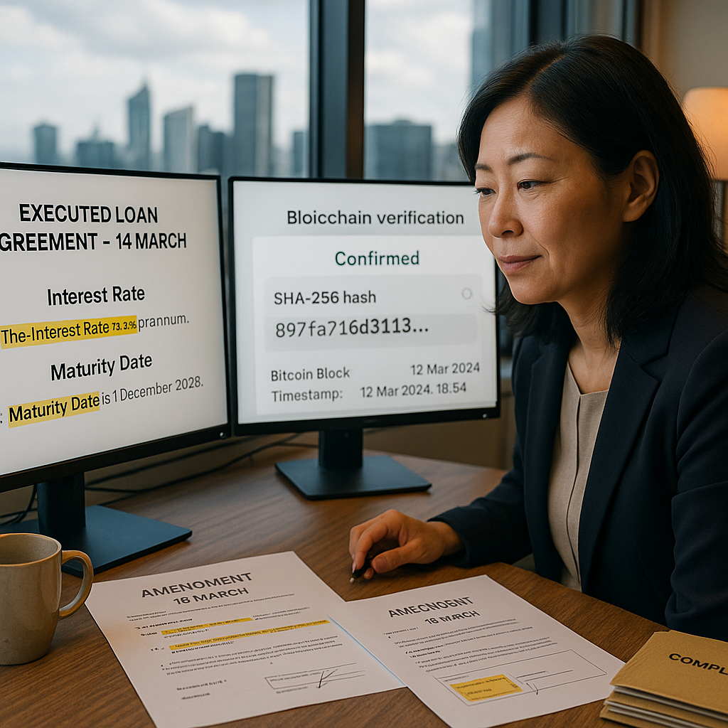 Compliance officer comparing disputed loan amendment with verified blockchain timestamp on dual monitors.
