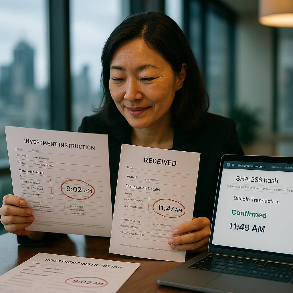 Financial analyst comparing two timestamped investment instructions with blockchain verification on laptop screen