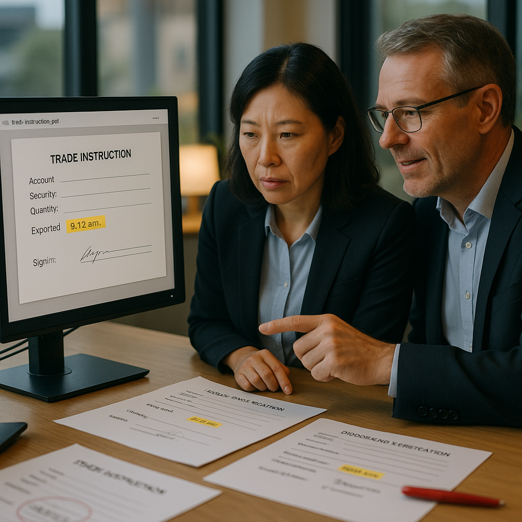 Compliance officer and financial analyst reviewing conflicting trade instruction timestamps on dual monitors with verified blockchain record.