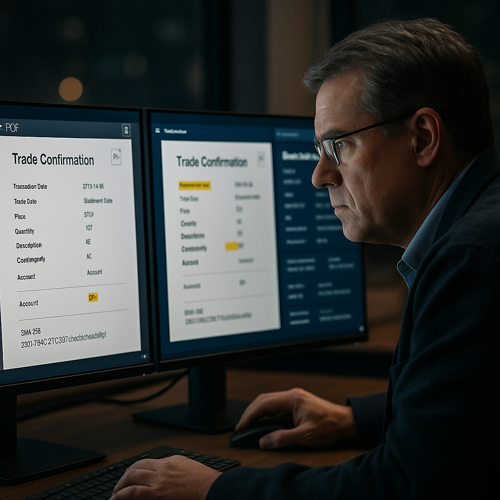 Compliance officer comparing trade confirmations with blockchain verification on dual monitors