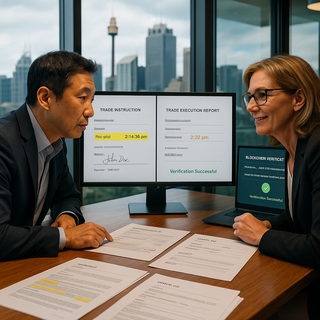 Financial analyst and senior executive reviewing timestamped trade instruction in glass boardroom