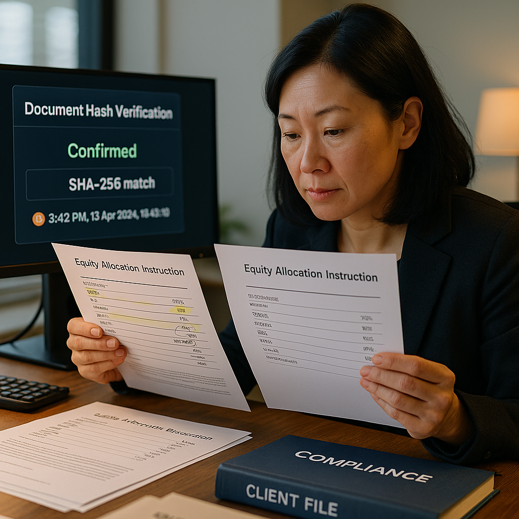 Compliance officer verifying timestamped trading allocation document during financial dispute