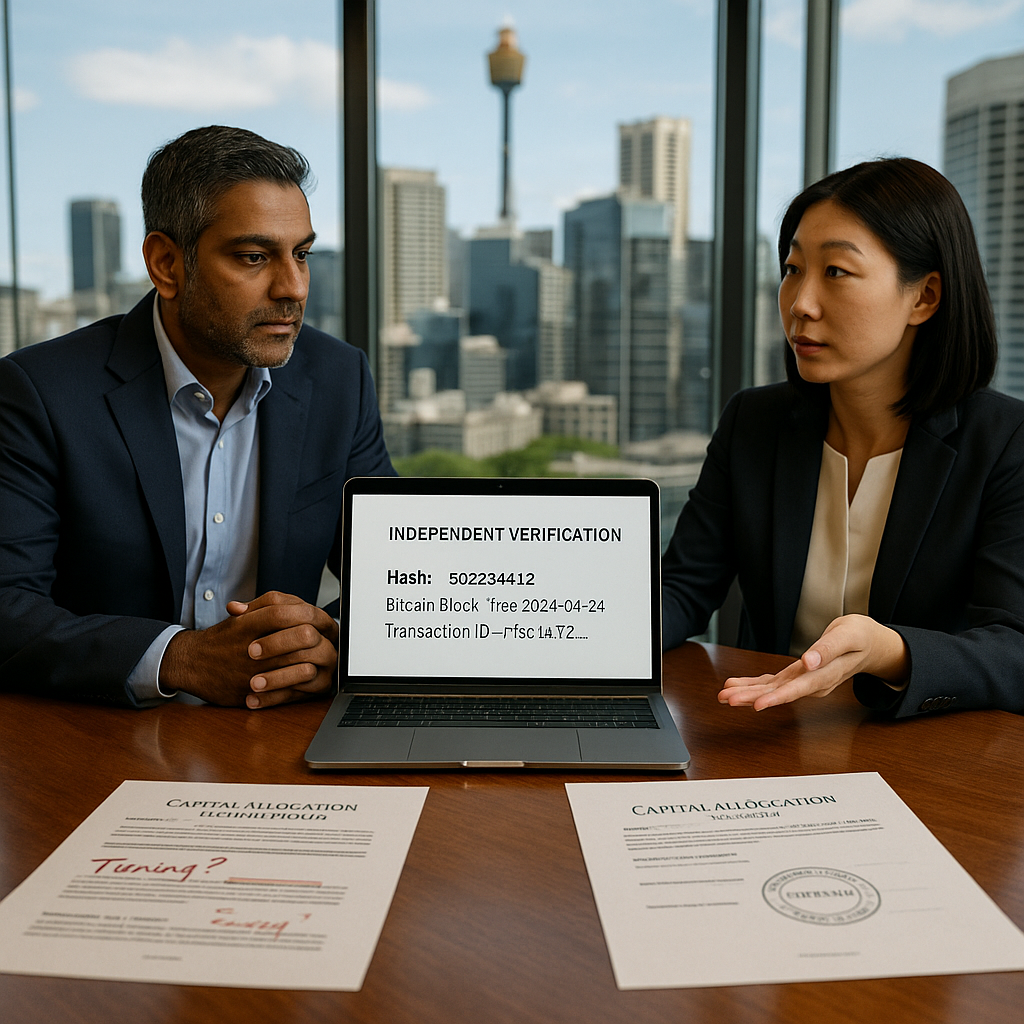Finance executives reviewing timestamped capital allocation memo in glass boardroom