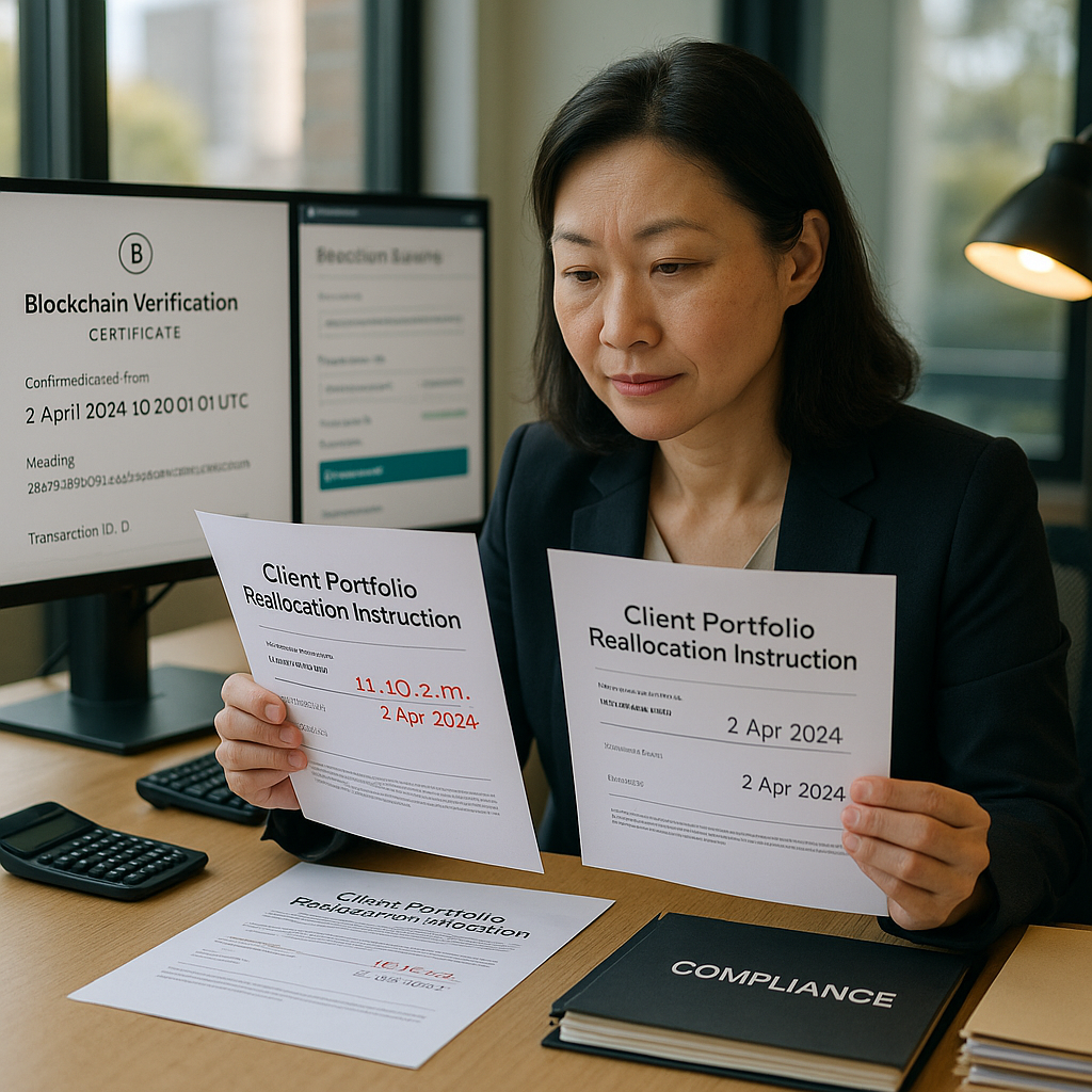 Compliance officer verifying timestamped portfolio instruction against disputed version on dual monitors