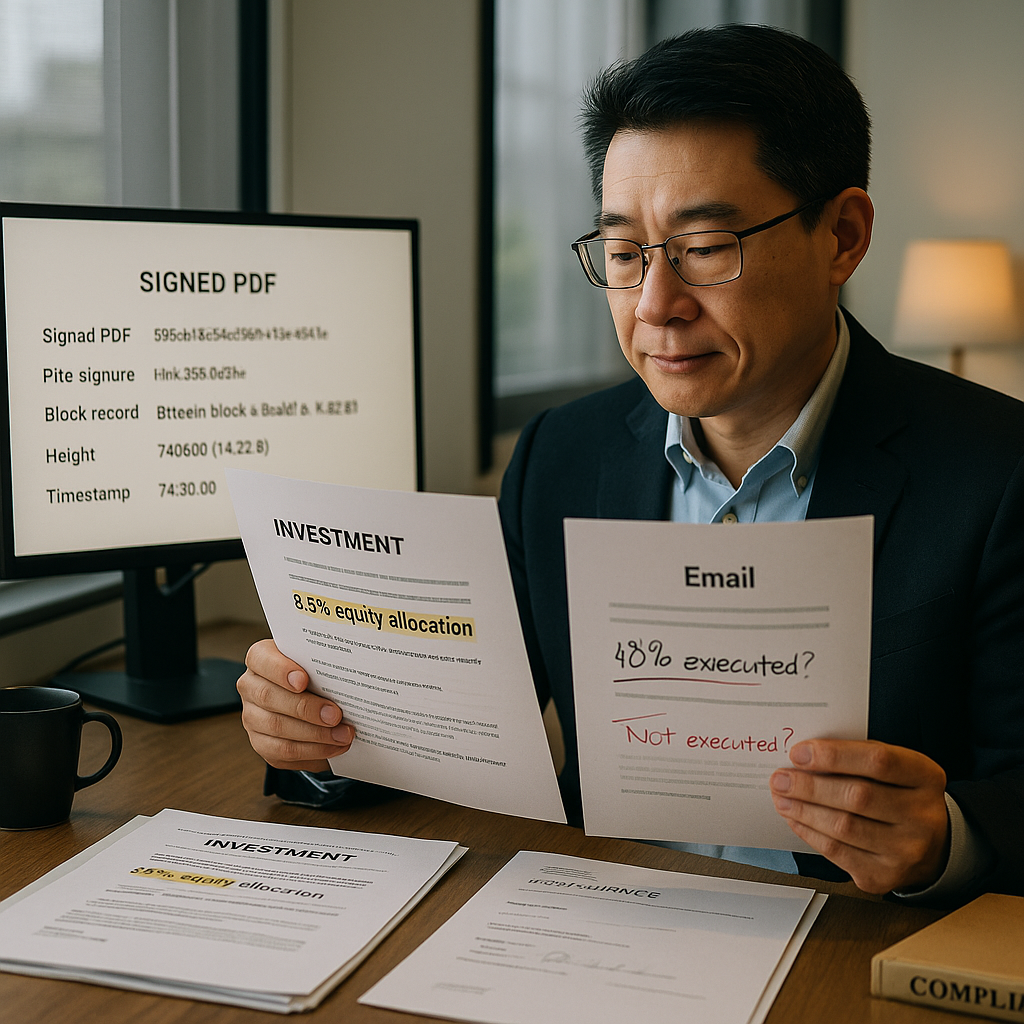Compliance officer verifying timestamped investment mandate against disputed email in modern office