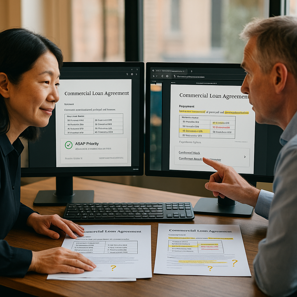 Compliance officer and financial analyst verifying original loan agreement against disputed amendment with confirmed blockchain timestamp on screen