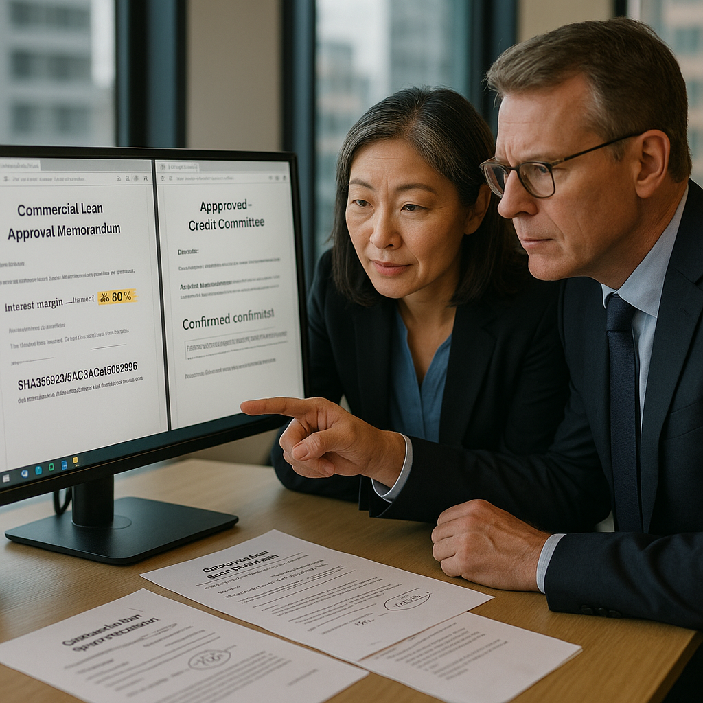 Compliance officer and senior executive verifying original loan approval document against altered version with confirmed blockchain timestamp on screen.