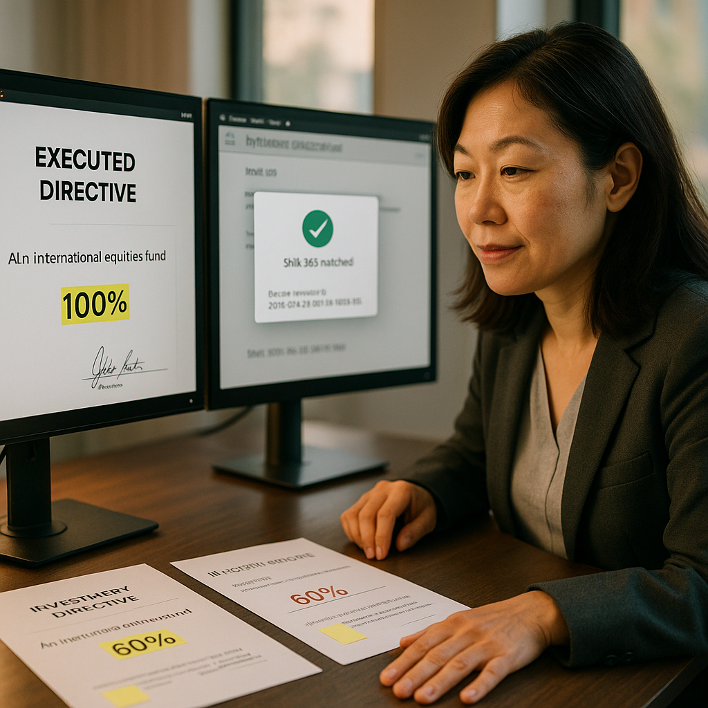 Compliance officer comparing two versions of a signed investment directive with blockchain timestamp verification visible on screen.