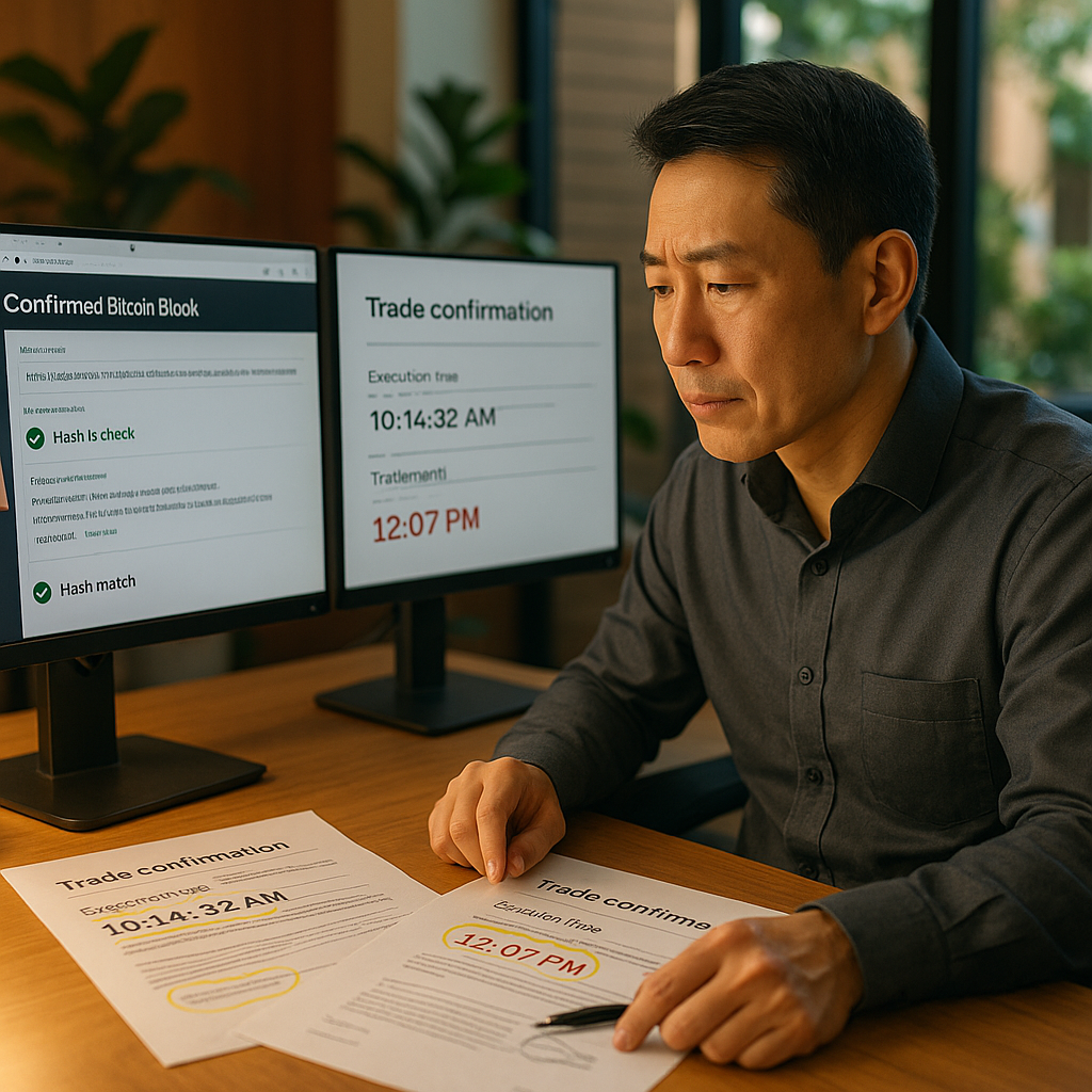 Financial analyst verifying trade confirmation timestamps on dual monitors with highlighted discrepancies
