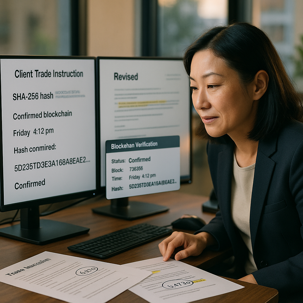 Compliance officer verifying original trade instruction with blockchain timestamp on dual monitors