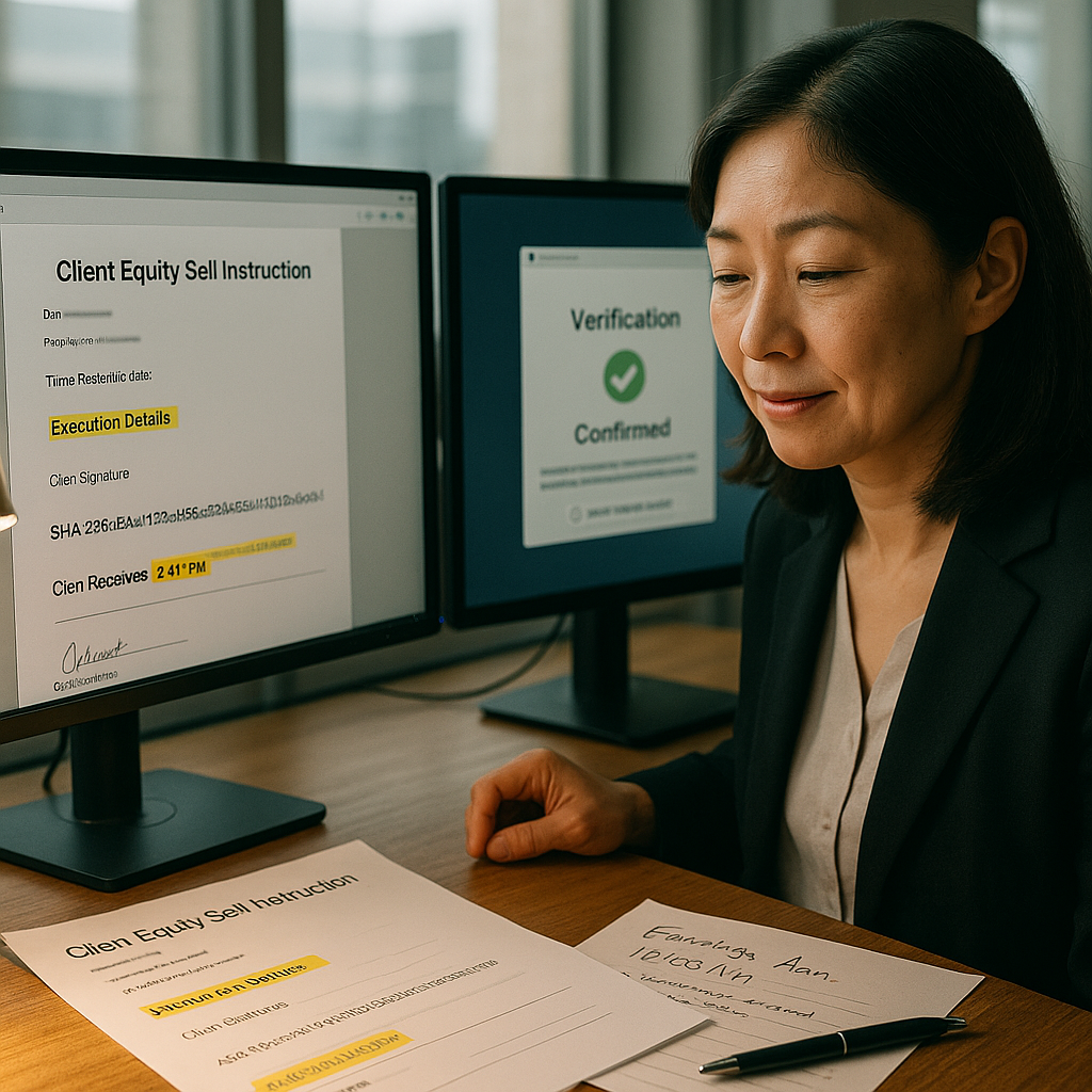 Compliance officer verifying timestamped trade instruction against blockchain record in modern office