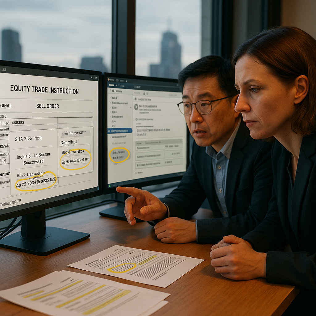 Financial analyst and compliance officer verifying timestamped trade instruction on dual monitors