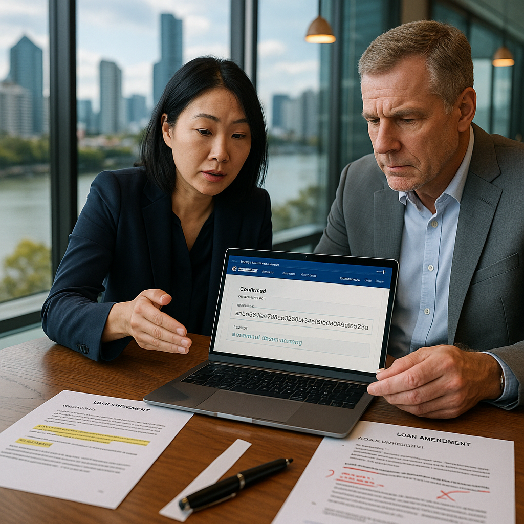 Compliance officer and senior executive reviewing highlighted loan amendment with blockchain timestamp verification on screen