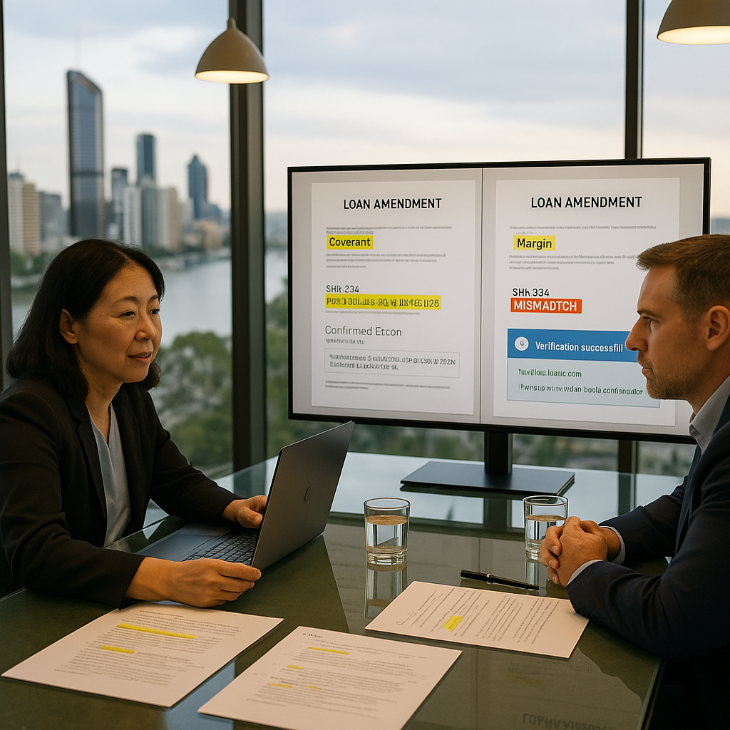 Compliance officer showing verified blockchain timestamp on disputed loan amendment in glass boardroom