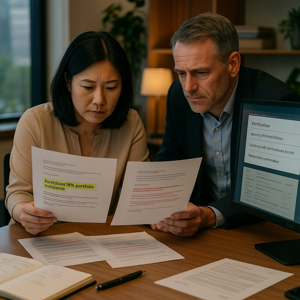 Compliance officer and senior adviser comparing two trade instruction documents while a screen confirms the original file's blockchain timestamp.
