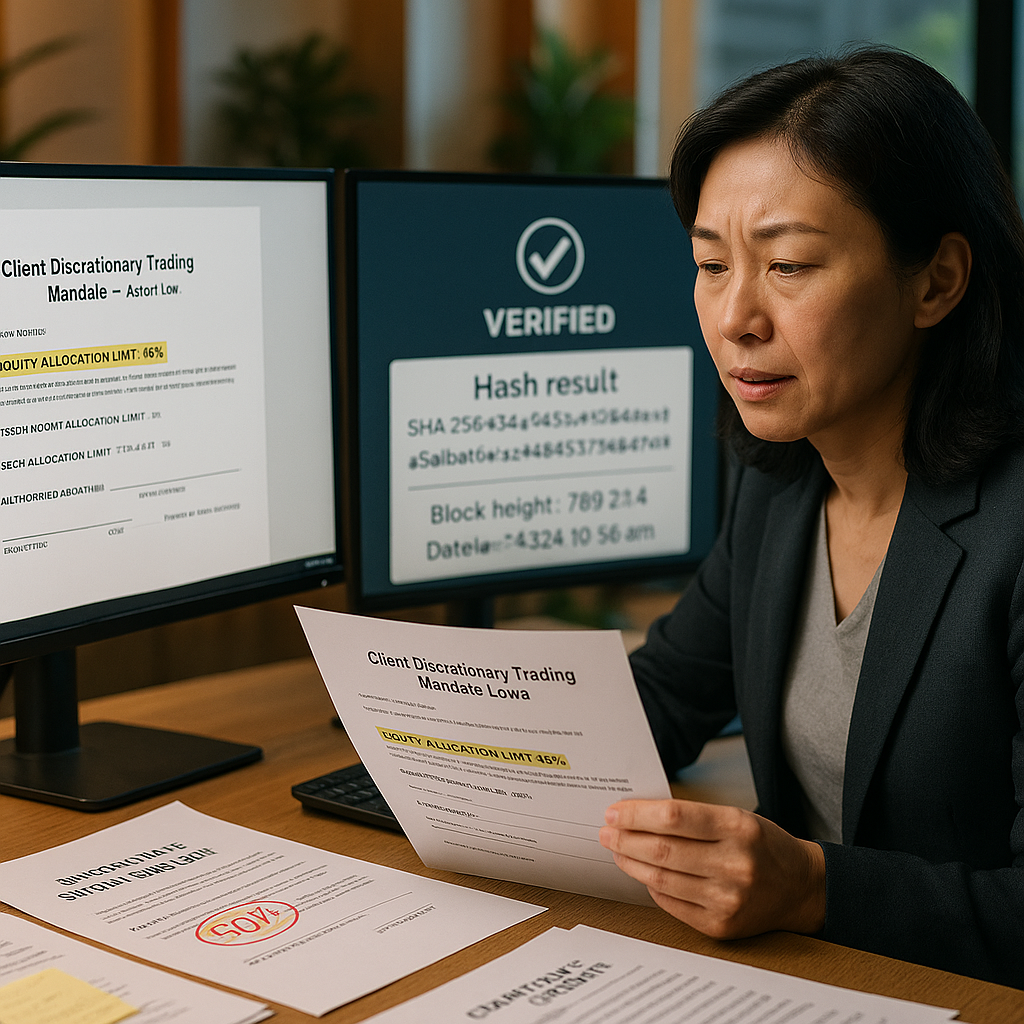 Compliance officer verifying signed trading mandate against blockchain timestamp during regulatory review