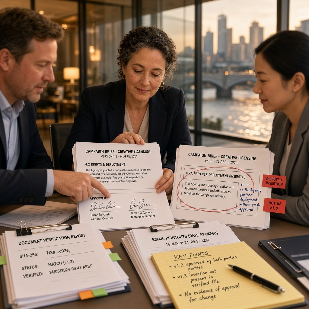 Legal professional reviewing disputed campaign brief versions and printed verification evidence in an Australian glass meeting room