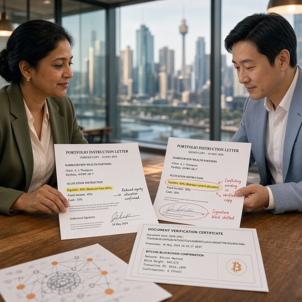 Compliance officer and analyst comparing disputed portfolio instruction documents with verified timing evidence in a finance dispute