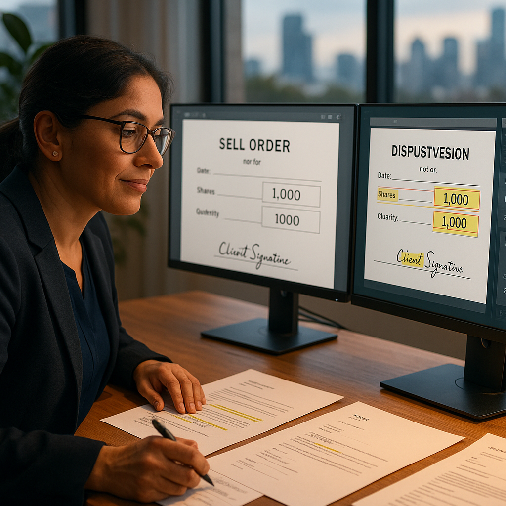 Compliance officer comparing disputed trade instruction PDFs with blockchain timestamp verification on screen