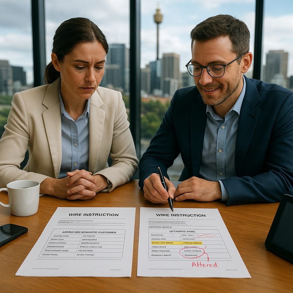 Compliance officer and financial analyst comparing two marked wire instruction documents in a glass boardroom after proving the approved version came first
