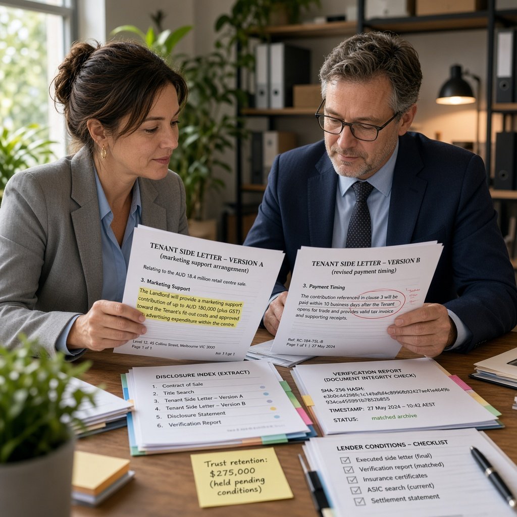 Two real estate professionals in an Australian office compare disputed side-letter documents and a printed verification report, quietly realising the timing evidence resolves the sale dispute.