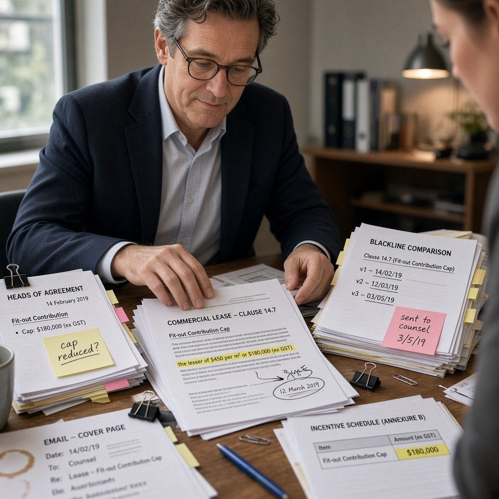 Legal professional reviewing marked lease drafts and printed evidence at a desk, realising earlier documents prove the disputed clause existed before the alleged change