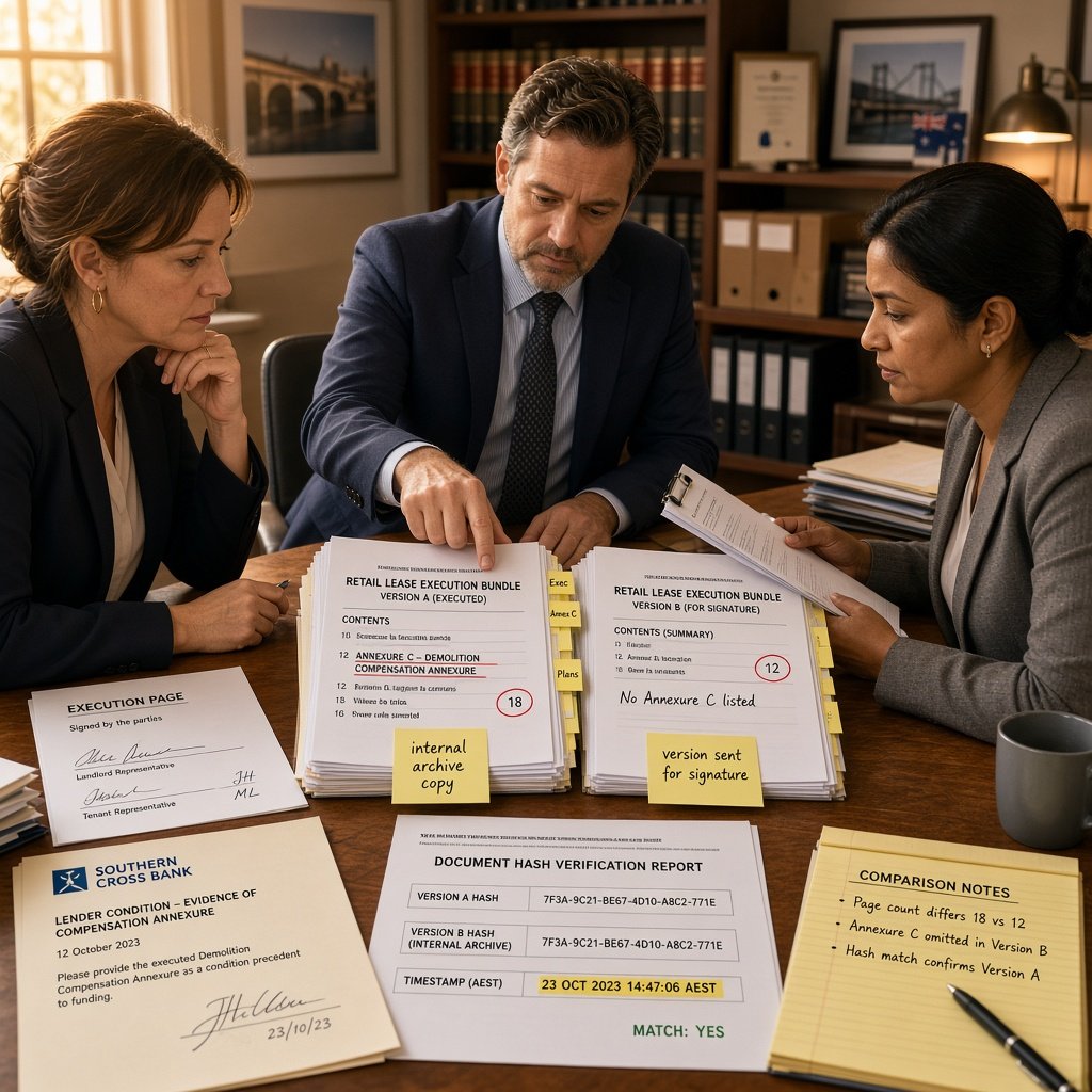 Three property professionals in an Australian legal office compare marked lease documents and a hash verification report resolving a disputed annexure timeline.