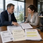 Auditor reviewing marked board minutes and valuation documents in an Australian office after resolving a timing dispute