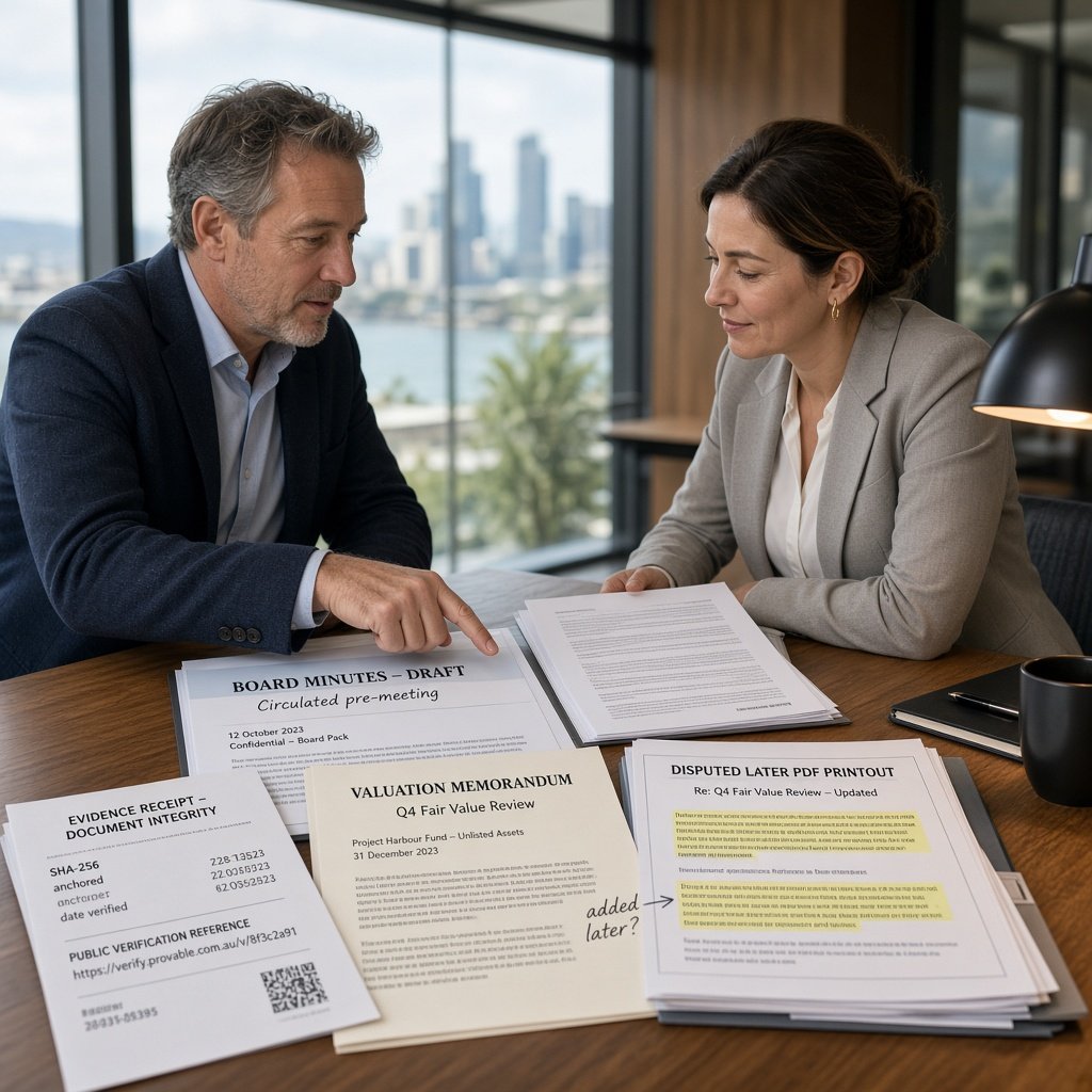 Auditor reviewing marked board minutes and valuation documents in an Australian office after resolving a timing dispute