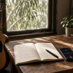 Songwriter desk with an acoustic guitar, a notebook of handwritten lyrics, a phone recording a voice memo and a coffee cup in morning light