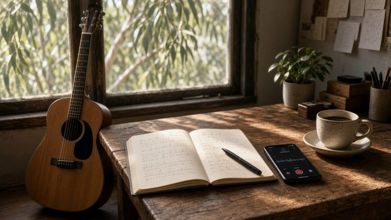 Songwriter desk with an acoustic guitar, a notebook of handwritten lyrics, a phone recording a voice memo and a coffee cup in morning light