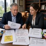 Senior legal executive reviewing disputed affidavit documents and printed hash verification evidence in an Australian law office