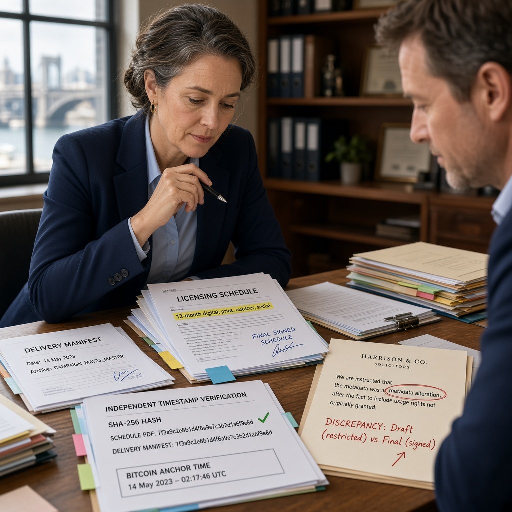 Legal professional reviewing printed licensing and timestamp verification documents in an Australian office after resolving a photo ownership dispute