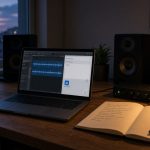 Home recording studio desk at dusk with a laptop showing an audio waveform and an email attachment, studio monitors, headphones and a lyric notebook
