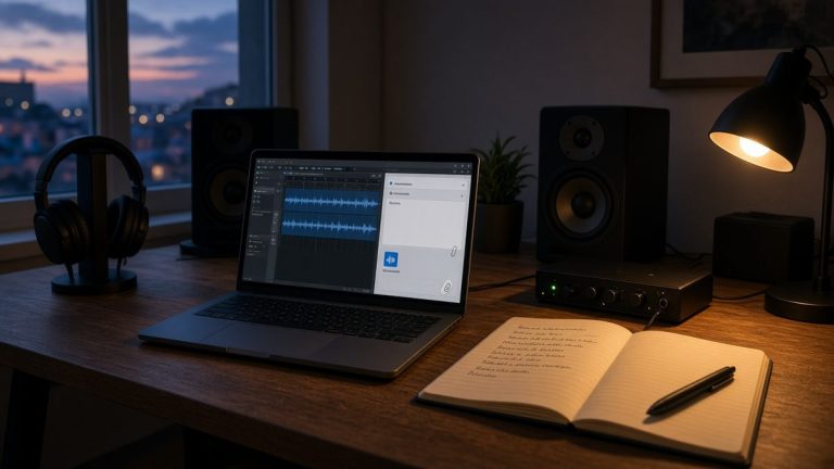 Home recording studio desk at dusk with a laptop showing an audio waveform and an email attachment, studio monitors, headphones and a lyric notebook
