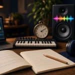 Home music studio desk with handwritten sheet music, a lyric notebook, headphones, a laptop showing an audio waveform and a desk clock