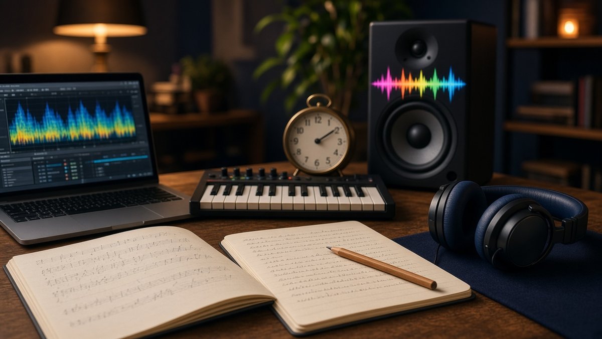 Home music studio desk with handwritten sheet music, a lyric notebook, headphones, a laptop showing an audio waveform and a desk clock