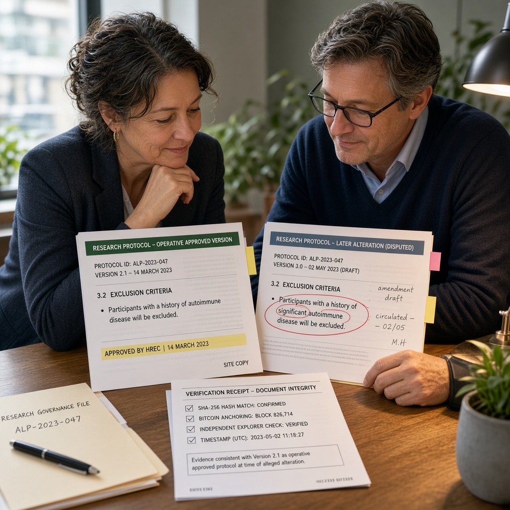Legal professional compares two marked research protocol documents side by side in an Australian office after resolving a disputed amendment date with timestamp evidence.