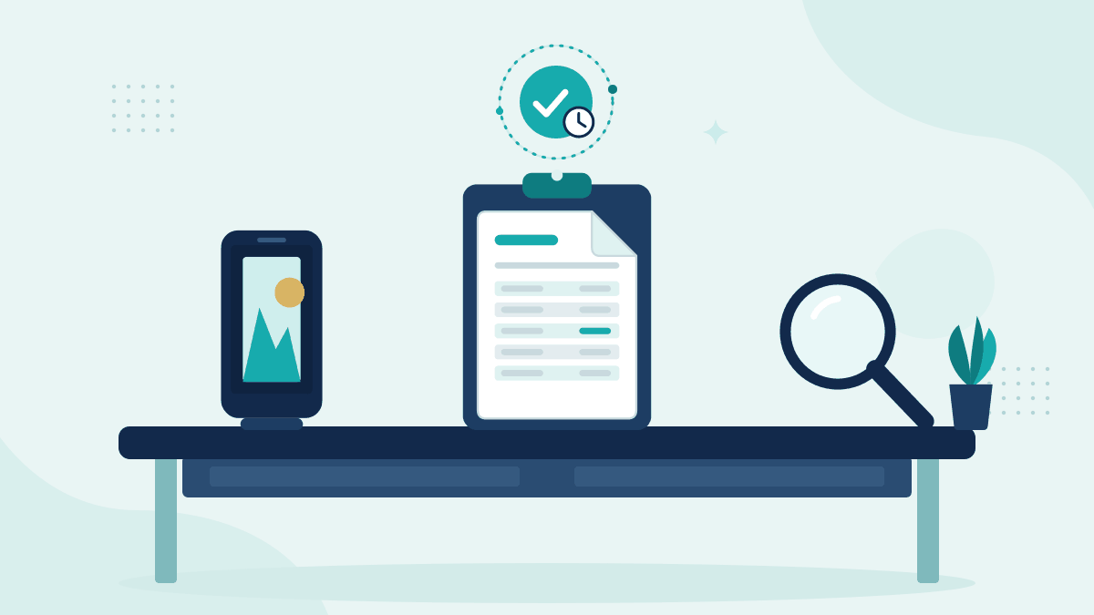 Flat illustration of a phone with claim photos, a claim form on a clipboard and a magnifying glass