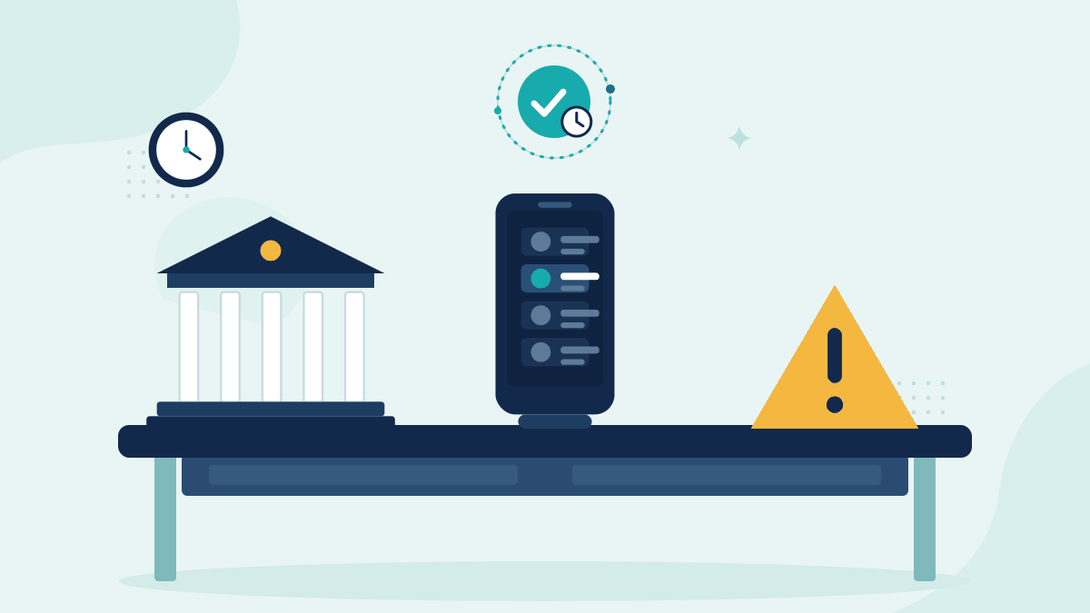 Flat illustration of a bank building, a phone showing a payment instruction email and a fraud warning sign