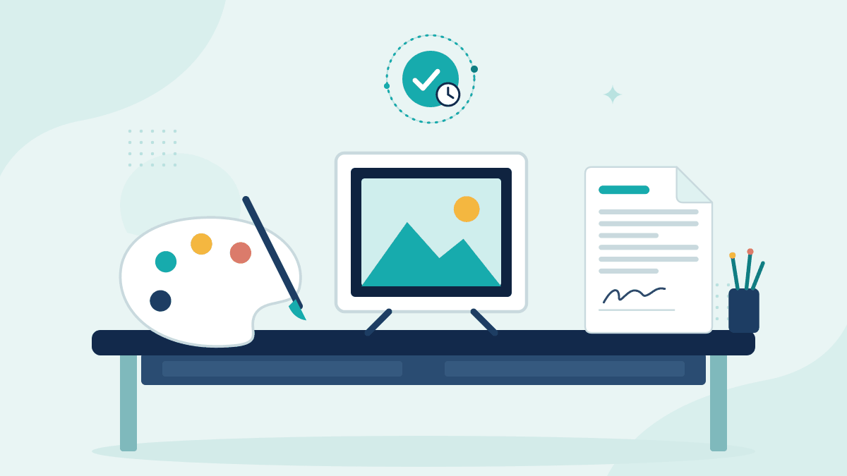Flat illustration of a paint palette, a framed artwork and a signed licensing agreement, with a teal timestamp badge