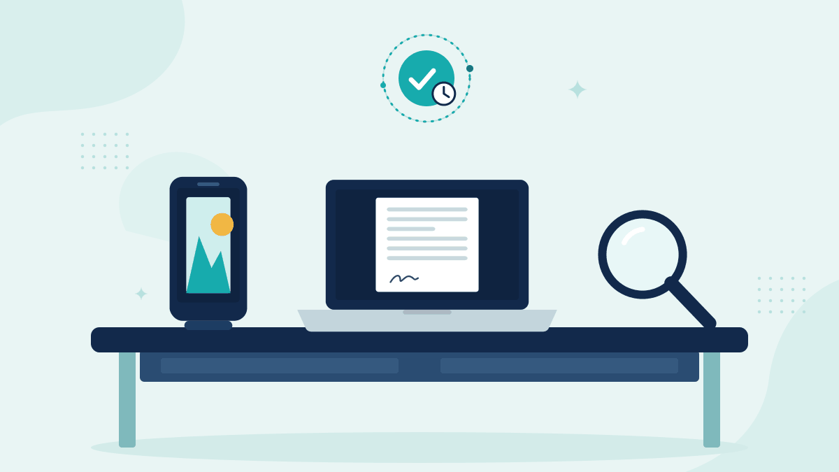 Flat illustration of a phone with claim photos, a laptop showing a policy endorsement and a magnifying glass